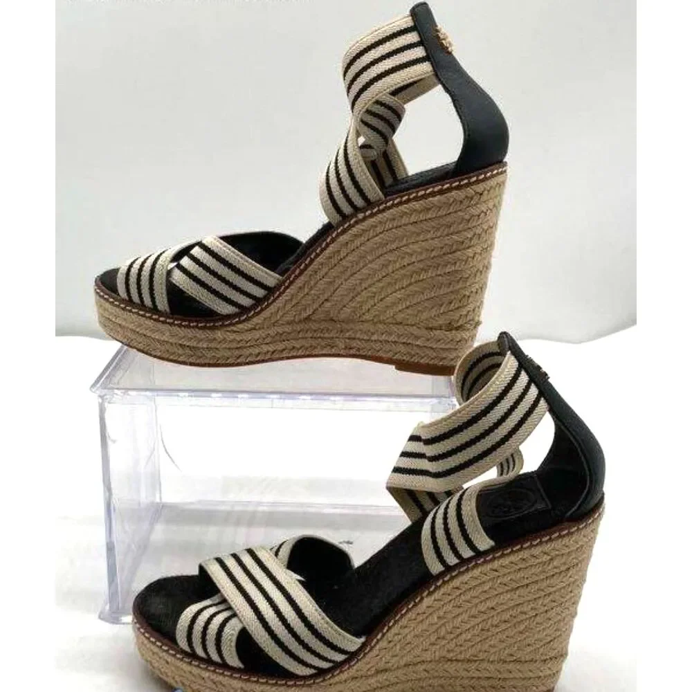Tory Burch Frieda Striped Espadrille Wedge Sandals Size 7